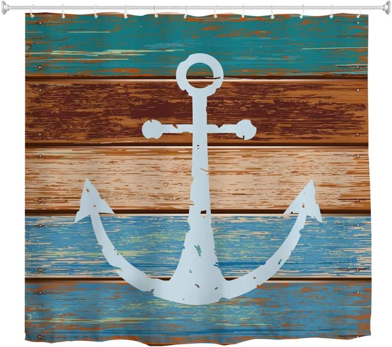 Photo 1 of AlanRoye Shower Curtain Set with Hooks Retro Anchor on Wood Board Vintage Nautical Anchor Blue Brown Color Bathroom Decor Polyester Fabric Bathroom Accessories Bath Curtain 72 x 72 inches
