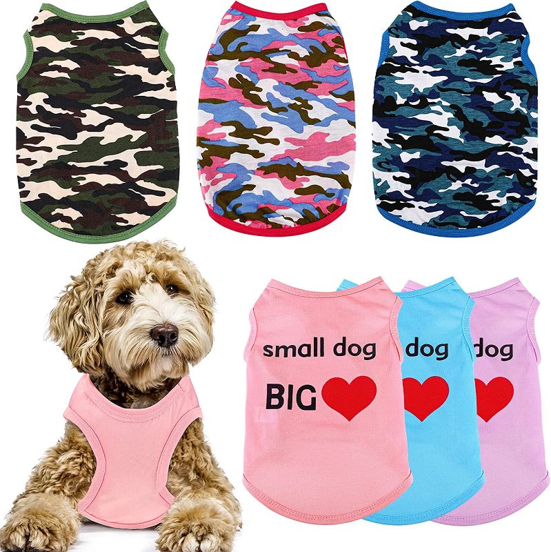 Photo 1 of 6 Pieces Printed Dog Clothes Camouflage Pet Yorkie Sweatshirt Sleeveless Dog Shirt Breathable Vest for Small Medium Boy Girl Dogs
