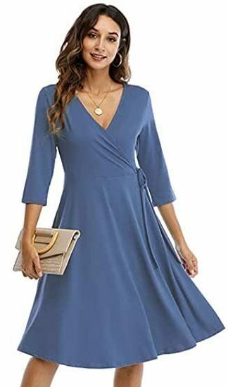 Photo 1 of CHARMYI WRAP DRESS FOR WOMEN CASUAL V NECK FLORAL PARTY SWING A-LINE FAUX PRINTED DRESSES MIDI LENGTH PLAIN TUNIC PRINTED CUTE SIMPLE RUCHED KNEE LENGTH 3/4 SLEEVE FALL WEDDING GUEST DUSTY BLUE SIZE LARGE