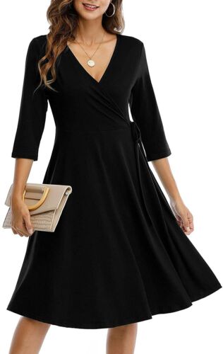 Photo 1 of CHARMYI WRAP DRESS FOR WOMEN CASUAL V NECK FLORAL PARTY SWING A-LINE FAUX PRINTED DRESSES MIDI LENGTH PLAIN TUNIC PRINTED CUTE SIMPLE RUCHED KNEE LENGTH 3/4 SLEEVE FALL WEDDING GUEST BLACK SIZE LARGE