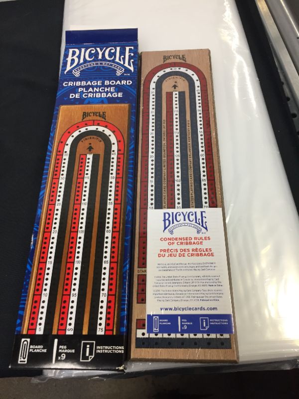 Photo 2 of Bicycle Wooden Cribbage Board with 3-Track Colors and Wooden Pegs
