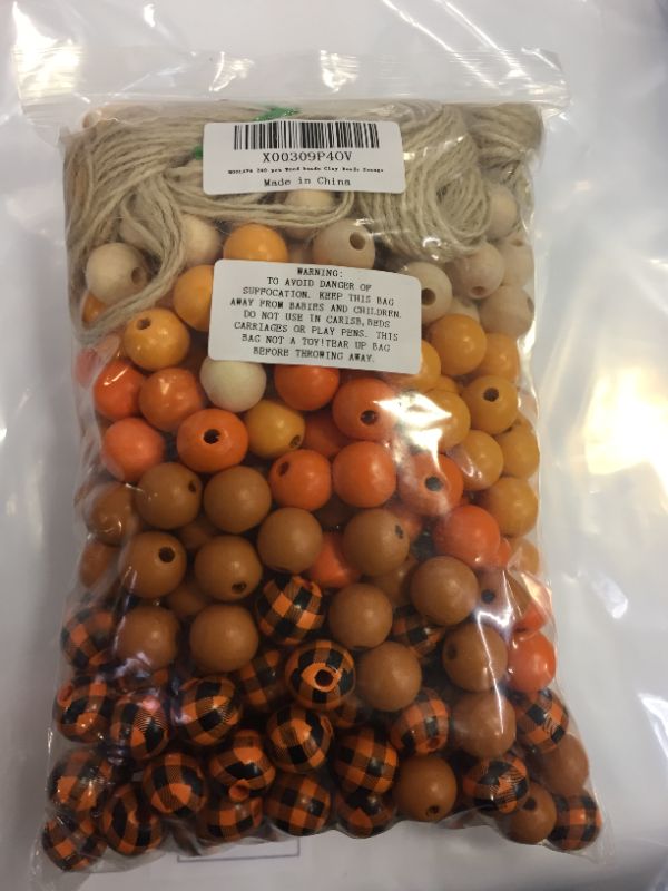 Photo 2 of 240 Pcs Wooden Beads Craft Supplies Buffalo Plaid Wood Beads Yellow Orange Wood Spacer Beads with Hemp Rope Plaid Ribbon DIY Craft Kit for Garland Decoration
