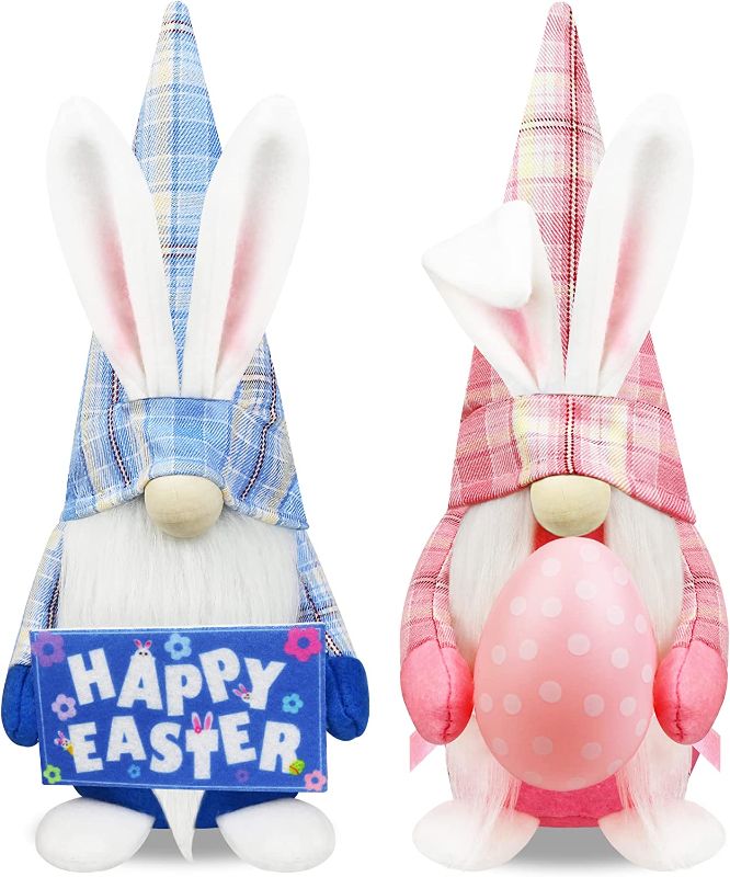 Photo 1 of 2Pcs Happy Easter Bunny Gnomes Plush Decorations - Mr & Mrs Handmade Swedish Tomte Buffalo Plaid Gnomes for Tiered Tray Basket Filler -Spring Easter Party Mantle Fireplace Table Decor Easter Gift
