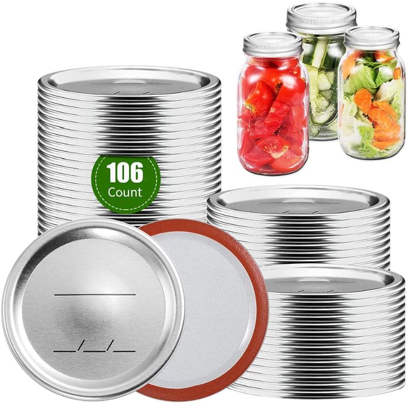 Photo 1 of 106 Count Regular Mouth Canning Lids, 70MM Mason Canning Jar Lids for Bell/Kerr -Split-Type Metal Jar Lids Leak Proof- Food Grade Material, 100% Fit & Airtight for Regular Mouth Jars
