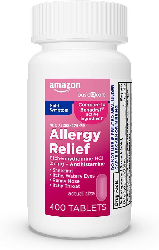 View 1 of Amazon Basic Care Allergy Relief Diphenhydramine HCl 25 mg, Antihistamine Tablets for Symptoms Due to Hay Fever and Upper Respiratory Allergies, 400 Count PACK OF 2 EXPIRES 5/2023