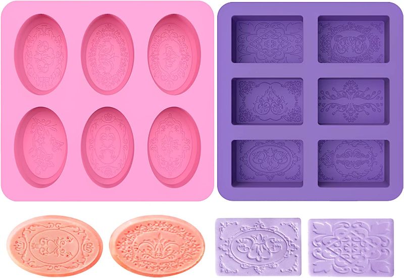 Photo 1 of 2 Pack Silicone Soap Molds, 6 Cavity Rectangle & Oval Soap Making Molds for Pudding, Muffin, Loaf, Brownie, Cornbread, and Cheesecake (Pink, Purple)

