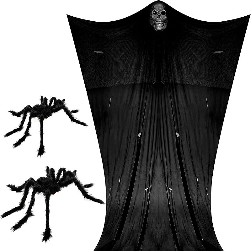 Photo 1 of 15 Feet Creepy Halloween Hanging Skeleton Scary Hanging Halloween Decorations Skeletons Black Grim Reaper Halloween Decorations with 35.5 Inch 29.5 Inch Giant Furry Fake Spiders for Party Supplies
