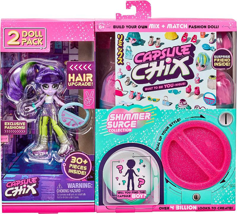 Photo 1 of Capsule Chix Shimmer Surge 2 Pack, 4.5 inch Small Doll with Capsule Machine Unboxing and Mix and Match Fashions and Accessories, Multicolor (59227)
