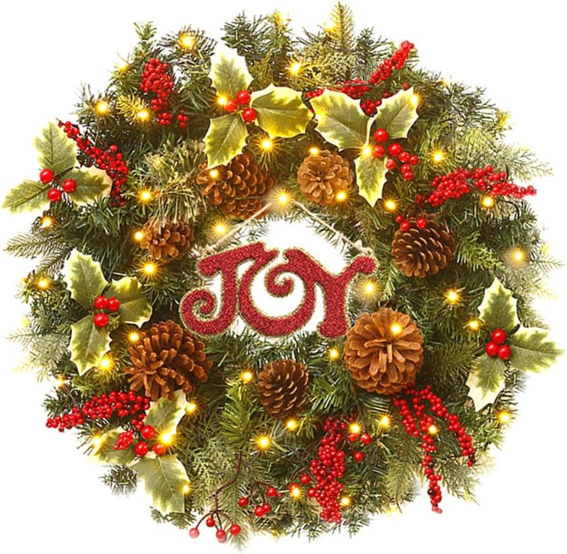 Photo 1 of 24 INCH Christmas Wreath for Front Door, DGJFYX Battery Operated Lighted Wreath for Windows, Outdoor Artificial Christmas Wreaths, 50 LED Prelit Winter Wreath with Lights, Pinecone Red Berry Wreath
