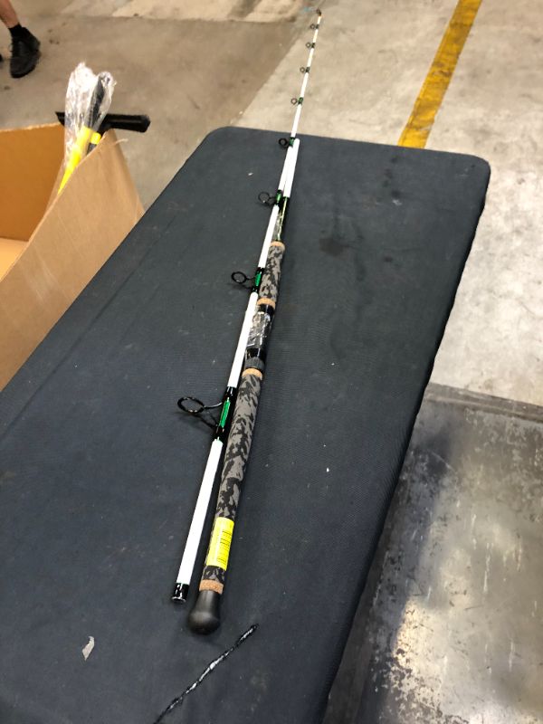 Photo 2 of Okuma, Record Chaser Catfish/Alligator Gar 2 Piece Spinning Rod, 7'6" Length, 6" Foregrip, 13 3/4" Reargrip, 12-30 lb Line Rate, 1-4 oz Lure Rate, White with Green & Black wrap. (RC-S-762MH)
