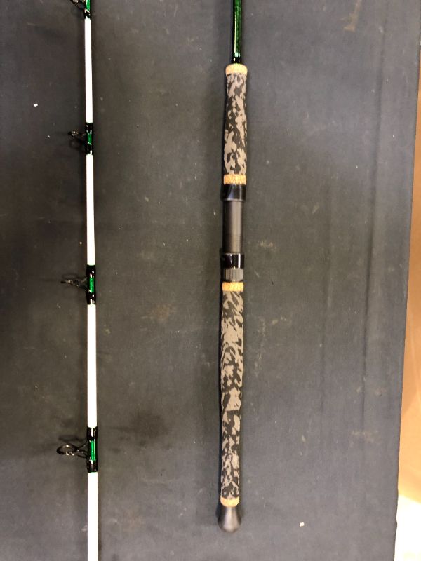 Photo 3 of Okuma, Record Chaser Catfish/Alligator Gar 2 Piece Spinning Rod, 7'6" Length, 6" Foregrip, 13 3/4" Reargrip, 12-30 lb Line Rate, 1-4 oz Lure Rate, White with Green & Black wrap. (RC-S-762MH)
