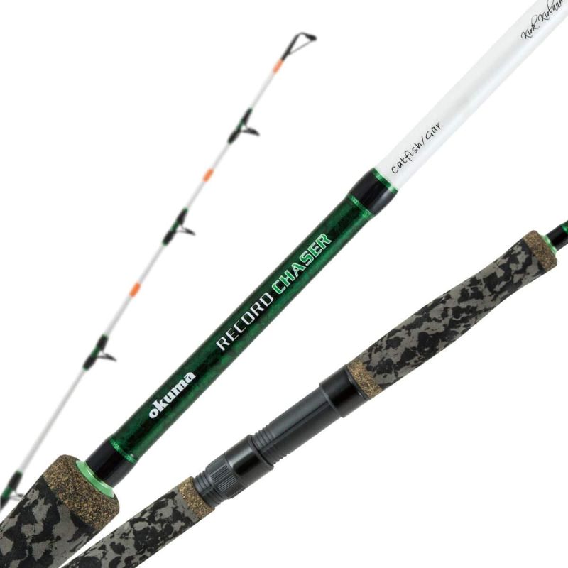 Photo 1 of Okuma, Record Chaser Catfish/Alligator Gar 2 Piece Spinning Rod, 7'6" Length, 6" Foregrip, 13 3/4" Reargrip, 12-30 lb Line Rate, 1-4 oz Lure Rate, White with Green & Black wrap. (RC-S-762MH)
