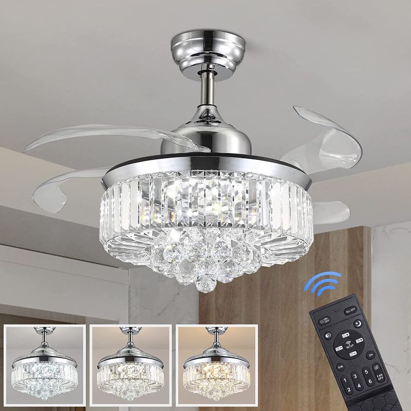 Photo 1 of 7PM Crystal Ceiling Fans with Lights Remote Control, 36 Inch Modern Fandelier Ceiling Fan 3 Light Change 6 Wind Speeds, Reversible Blades, Silent Retractable Ceiling Fan Chandelier with APP Control
