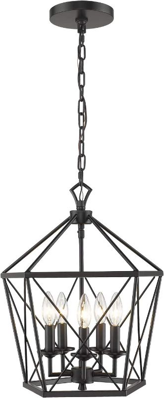 Photo 1 of EAPUDUN Farmhouse Lantern Chandelier, 5-Light Metal Adjustable Height Industrial Square Pendant Light for Living Room,Kitchen Lsland,Hallway Foyer Hanging Ceiling Lighting, PDA1274-MBK
