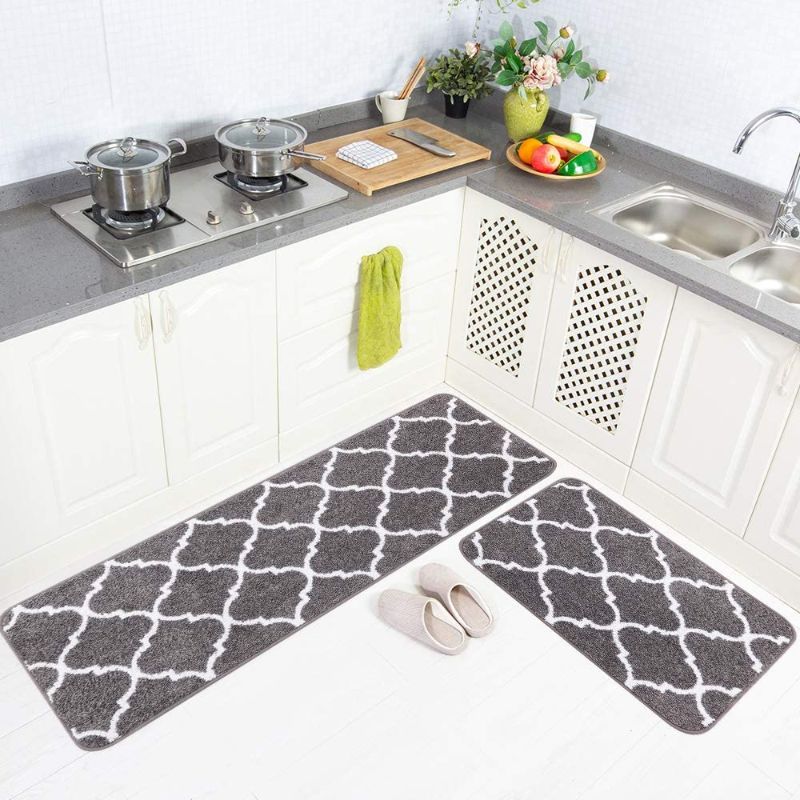 Photo 1 of Carvapet 2 Pieces Microfiber Moroccan Trellis Non-Slip Soft Kitchen Mat Bath Rug Doormat Runner Carpet Set, 20"x63"+20"x31", Grey
