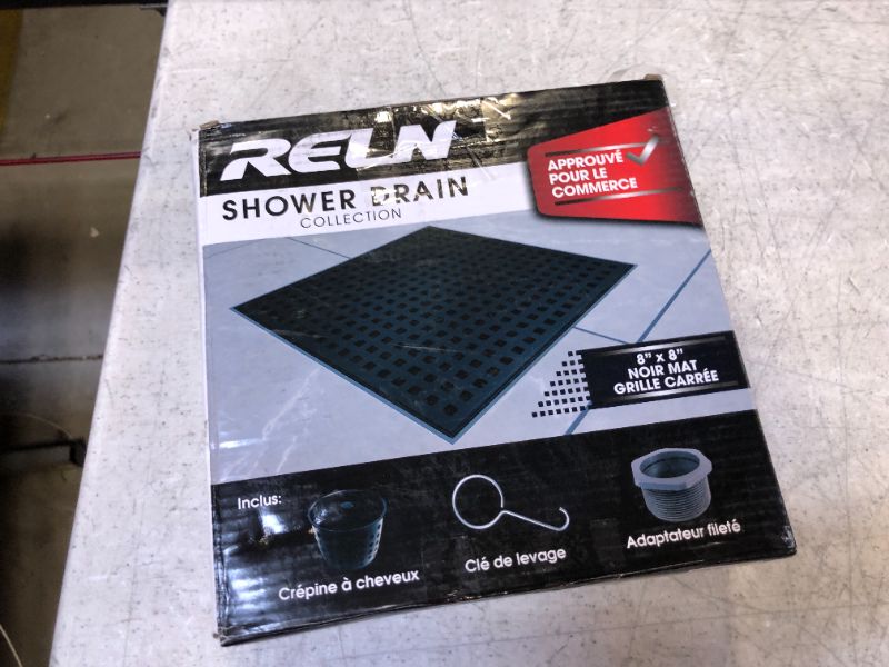 Photo 1 of 8 in. x 8 in. Matte Black Shower Drain with Square Pattern Drain Cover

