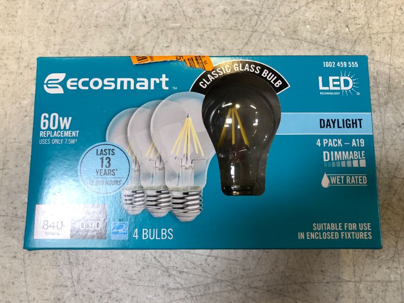 Photo 1 of EcoSmart 60W Equiv. A19 Dimmable Clear Vintage Style LED Bulb Daylight 4 ct.
