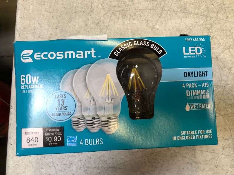 Photo 2 of EcoSmart 60W Equiv. A19 Dimmable Clear Vintage Style LED Bulb Daylight 4 ct.2 pack 
