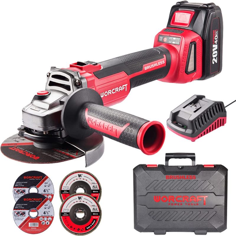 Photo 1 of WORCRAFT Cordless Angle Grinder, Brushless Motor, 4-1/2" Disc, Two Speed, 20V 4.0Ah Li-ion Battery, Come with Toolbox, Charger and 4 Discs

