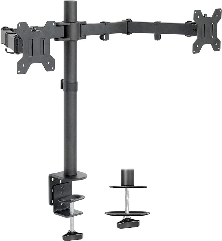 Photo 1 of VIVO Dual Monitor Desk Mount, Heavy Duty Fully Adjustable Stand, Fits 2 LCD LED Screens up to 27 inches, Black, STAND-V002
