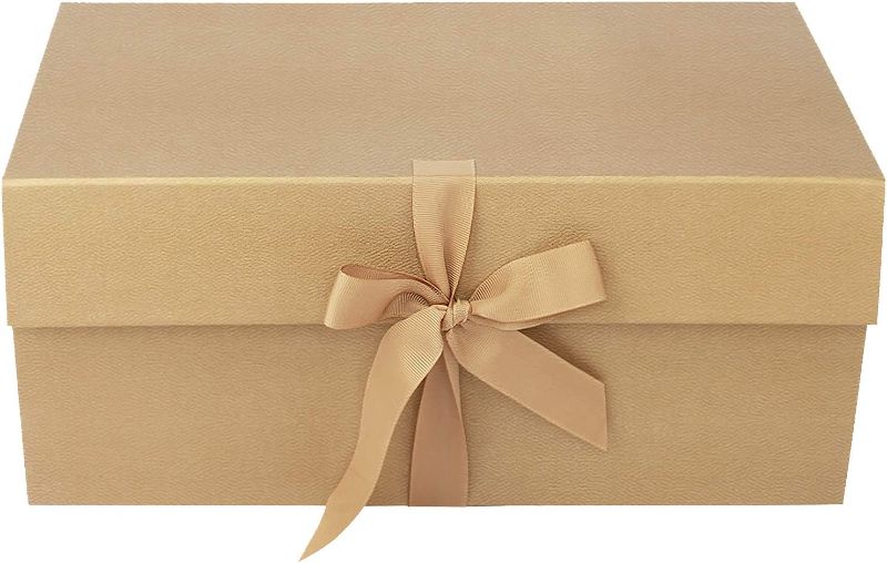 Photo 1 of 2 PK Gift Box with Lids and Ribbon Bows for Birthday, Festivals, Anniversaries, Weddings 14.17 x 9.44 x 6.29 Inches, Sturdy Gift Wrap Box -Golden
