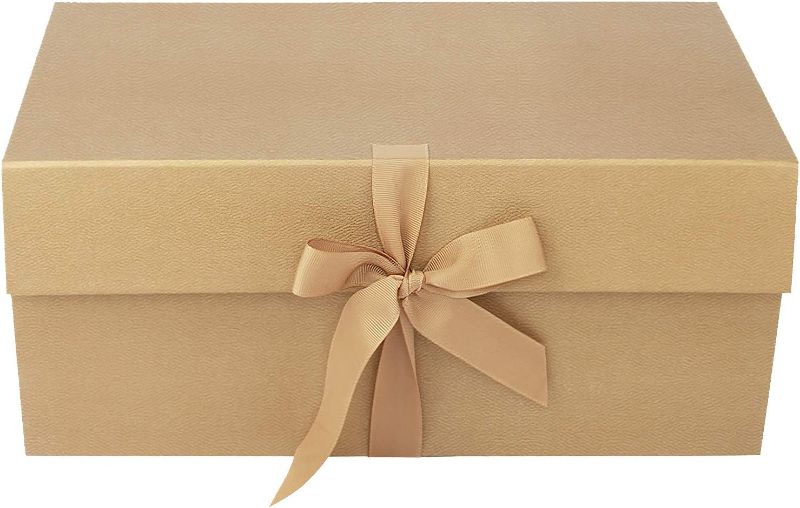 Photo 1 of 2 Pk Gift Box with Lids and Ribbon Bows for Birthday, Festivals, Anniversaries, Weddings 14.17 x 9.44 x 6.29 Inches, Sturdy Gift Wrap Box -Golden
