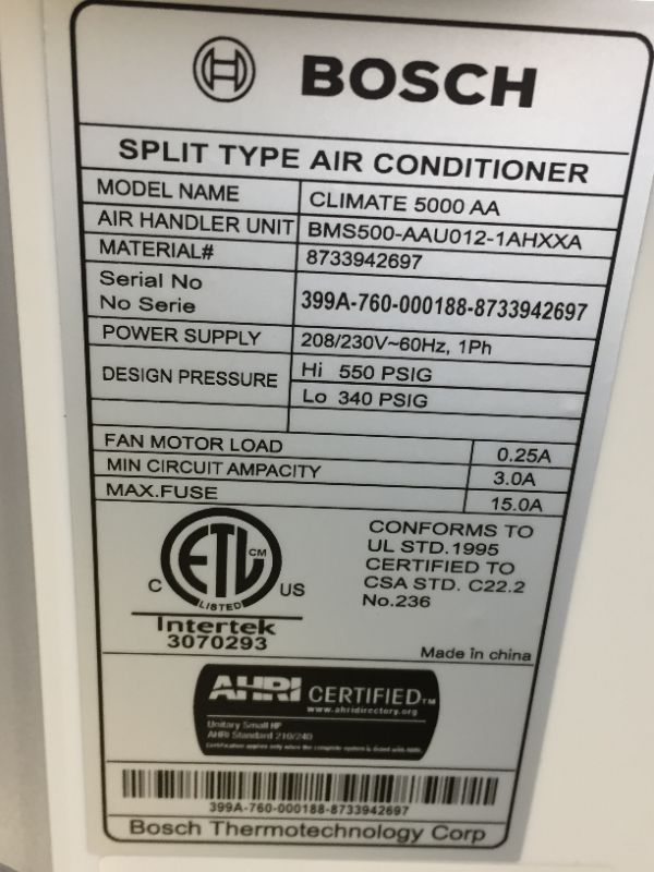 Photo 9 of Bosch BMS500-AAU012-1AHXXA Climate 5000 12000 BTU 230V Ductless Minisplit Air Conditioner Indoor Air Handler Component Part Only
