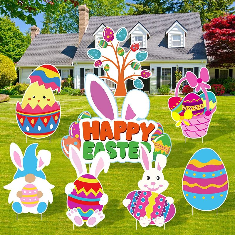 Photo 1 of 8 Pieces Easter Yard Sign Easter Outdoor Lawn Decorations with Stakes Easter Rabbit Eggs Yard Sign for Easter Party Yard Decor