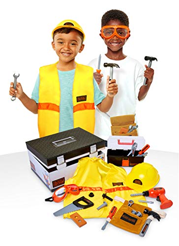 Photo 1 of BLACK+DECKER Construction Dress Up Trunk for Kids with Fabric Role Play Costume Accessories, Realistic Toy Tools & Portable Kid-Sized Tool Box 22Piece Included