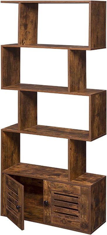 Photo 1 of DINZI LVJ 5-Tier Wooden Geometric Bookcase, Bookshelf with Doors, S-Shaped Display Shelf with Cabinet, Freestanding Decorative Storage Shelving for Living Room, Rustic Brown
