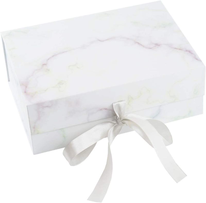 Photo 1 of 2 PK Foldable Gift Box with Lid and Ribbon 10x7x3.5 Inches,Gift Wrap Box with 2 Large Tissue Paper Fill for Birthdays, Christmas, Weddings,Baby Shower,Tanksgiving,Fathers' Day and More (Marble Print)
