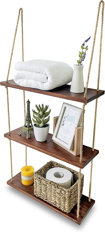 Photo 1 of Asliny - Hanging Shelf Wall - Floating Swing Storage Shelves Jute Rope - Durable Wall Shelves for Bedroom Living Room Kitchen, Bathroom Shelves Over The Toilet Storage, 3 Tier Shelf (Brown)
