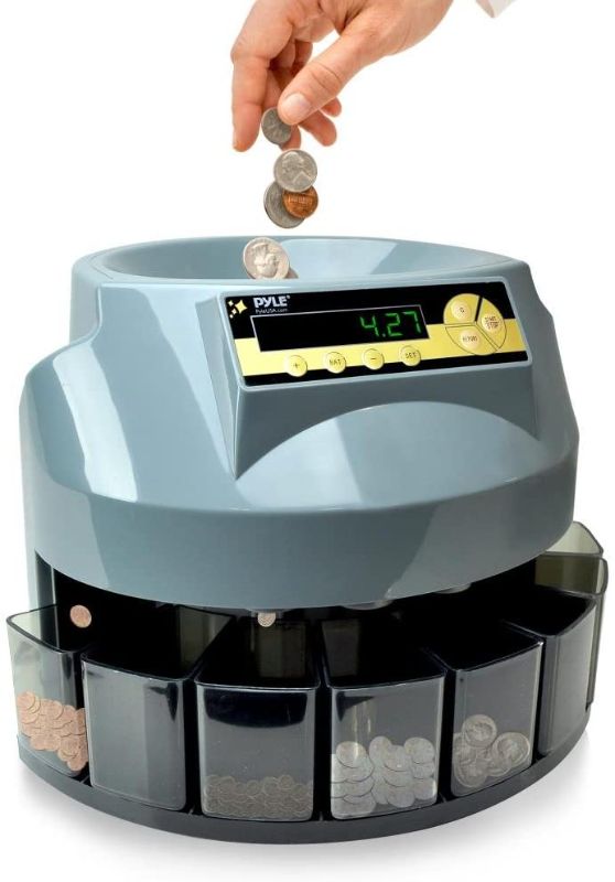 Photo 1 of Pyle Automatic Coin Sorter Counter - LCD Display Screen, Loads Up to 500 Coins, Works with All U.S. Coin Currency, Displays Total Value, Sorts Into Into Individual Trays - PRMC620
