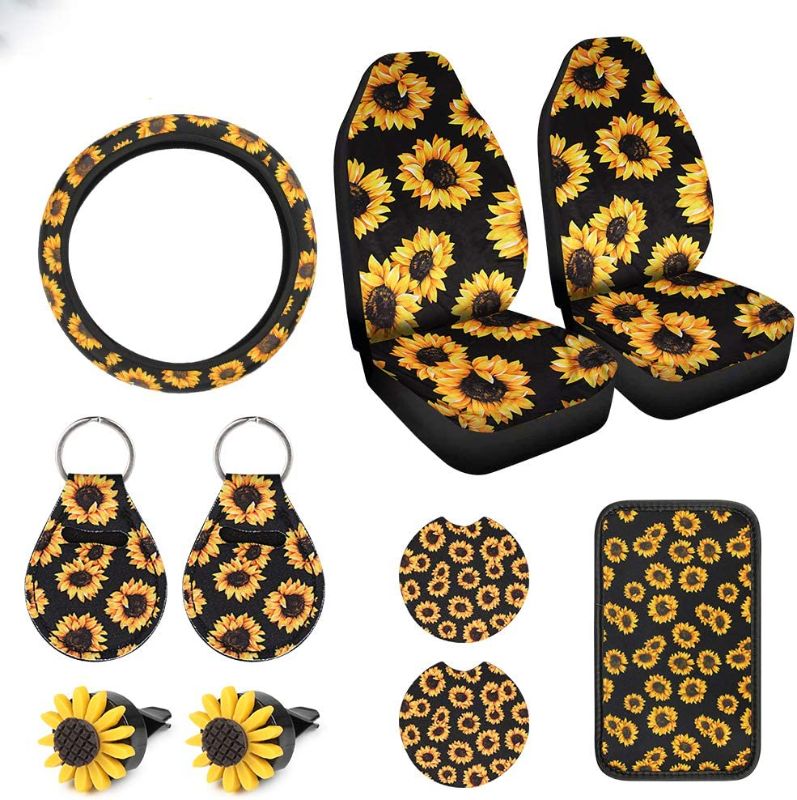 Photo 1 of 10 Pcs Sunflower Accessories for Car Front Seat Covers, 1 Pcs Car Steering Wheel Cover and Center Console Cover, 2 Pcs Car Cup Holder Coaster/Keyrings and Vent Decor Car Accessories
