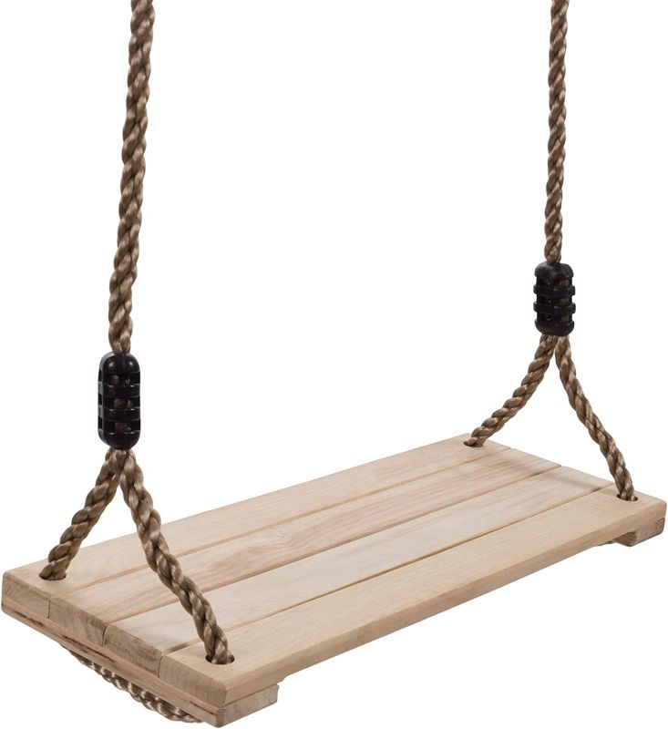 Photo 1 of Hey! Play! Wooden Swing, Outdoor Flat Bench Seat with Adjustable Nylon Hanging Rope for Kids Playset Frame or Tree, Backyard Swinging Toy, Brown, 80-SA-062
