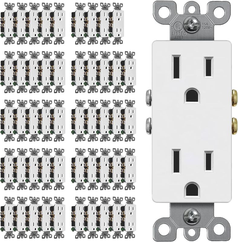 Photo 1 of (50 Pack) CML 15 Amp Decorator Wall Outlet, Decor Receptacle, 15A/125V, 3-Year Warranty, White, UL Certified
