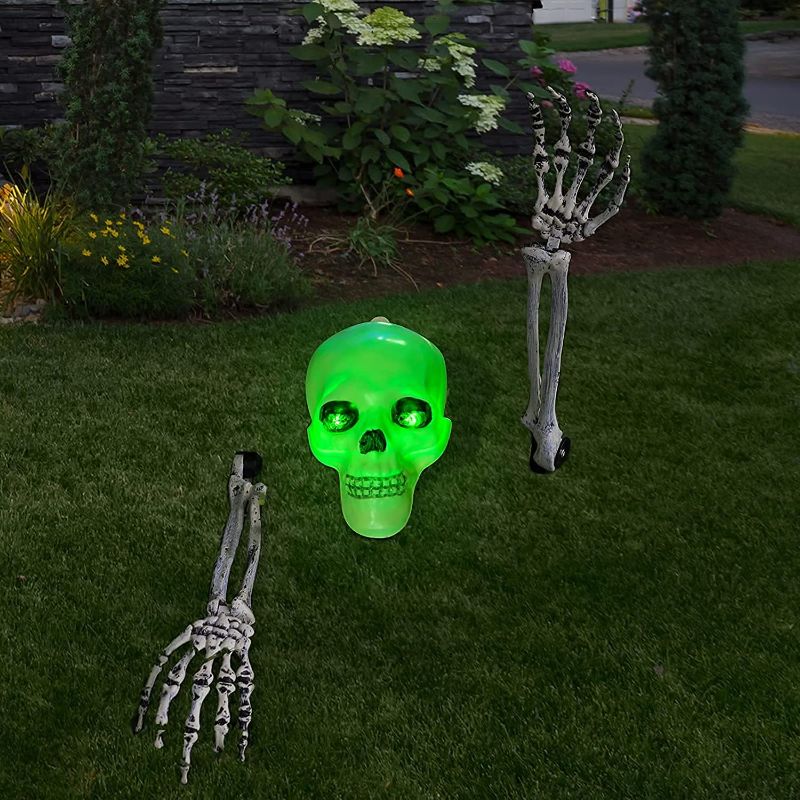 Photo 1 of 3 Pcs LED Halloween Skeleton Decoration Stakes, Glowing Skull Head with LED Lights, Life Size Halloween Skeleton Hands Arms, Luminous Outdoor Decor 