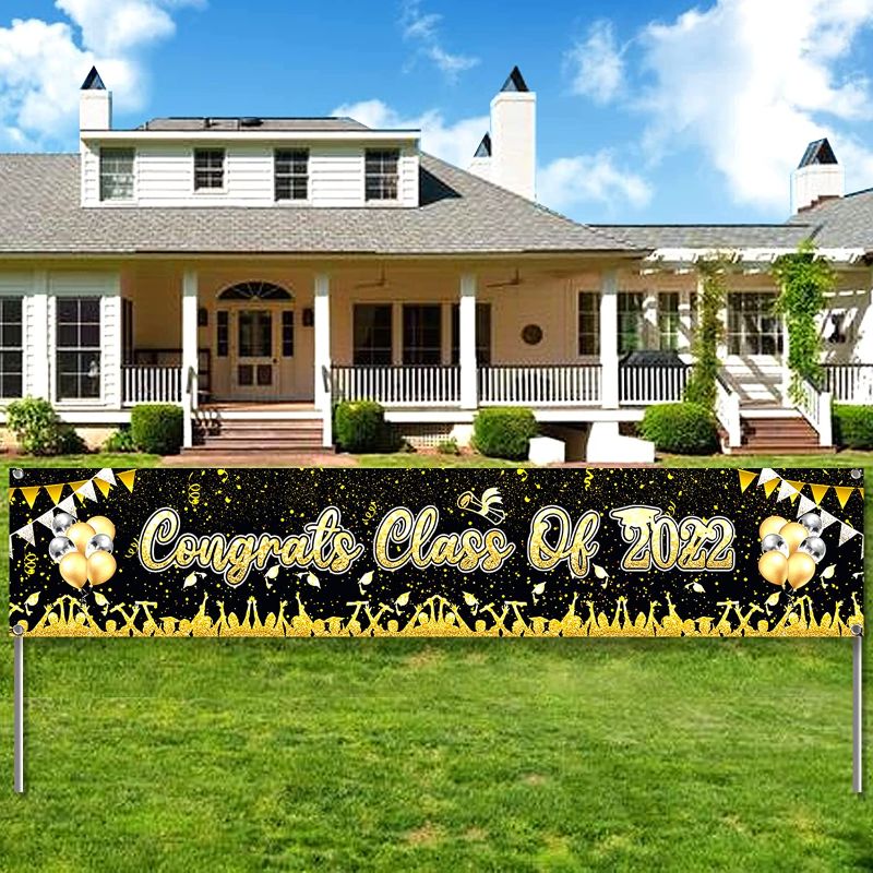 Photo 1 of Congrats Class of 2022 Banner, Large Class of 2022 Graduation Decorations Yard Sign for Party Supplies, Black Golden Congrats Banner Sign for Outdoor Indoor, 2 COUNT
