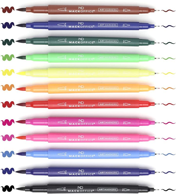 Photo 1 of MackOffice Dual Tip Markers Brush and Fine Point set of 12 Unique Colors for Adult Kid Coloring, Art Projects, Sketching, Calligraphy, Manga, Bullet Journal Planner Calendar and more.