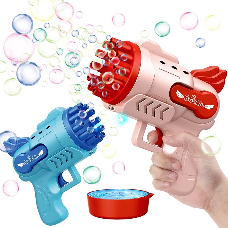 Photo 1 of Bubble Gun for Kids, HENGPHY 2 PCS Bubble Machine Gun with Light & 12 Hole, 2022 Upgrade Bubble Maker for Boys & Girls 4-8, Automatic Bubble Blower with 2 Bottles of Bubble Solution