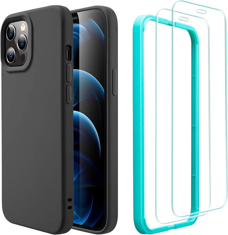 Photo 1 of ESR Cloud Series Case with Screen Protectors Compatible with iPhone 12 Pro Max Case, Liquid Silicone Case (2020) [2 Glass Screen Protectors] [Comfortable Grip], 6.7", Black