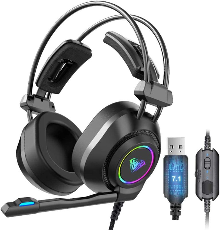 Photo 1 of AULA S600 USB Wired Gaming Headset 7.1 Surround Sound, with Microphone, LED Lights, Soft Memory Earmuffs, Noise Cancelling Mic Headphones for PC Computer Office/Games (USB)