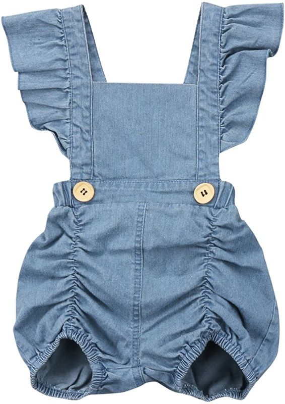 Photo 1 of Calsunbaby Infant Baby Girls One Piece Short Sleeve Ripped Demin Jeans Ruffle Romper Sunsuit Outfits Jumpsuit size 12-18 months
