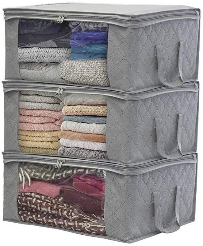 Photo 1 of 3 Foldable Clothes Storage Bags, JSENGE Duvets Underbed Storage Bag, Bed Storage Pocket with Zips, Waterproof Thick Non-woven Fabric, Used For Blankets Pillows Toys Clothing, 48 x 35 x 20 cm (Grey)
