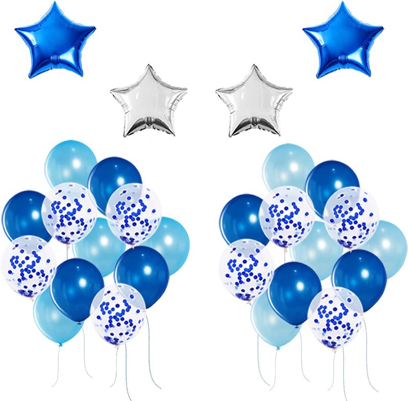 Photo 1 of 4Pcs 18 Inch Blue and Silver Star Mylar Balloons, 24Pcs 12 Inch Blue Confetti Balloons, Royal Blue and Light Blue Balloons Set for Birthday Party Decorations, Blue Party Decorations
