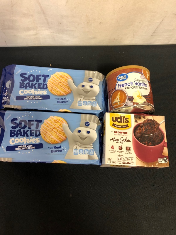 Photo 1 of 4PC FOOD LOT, Pillsbury Soft Baked Cookies, Sugar with Icing, 9.53 oz, 18 ct EXP 6/20/22, 2 COUNT, Udi's Gluten Free Brownie Mug Cake Mix, 8.4 oz. 4-Count EXP 12/15/22, Great Value French Vanilla Cappuccino Coffee House Beverage Drink Mix, 16 Oz Canister
