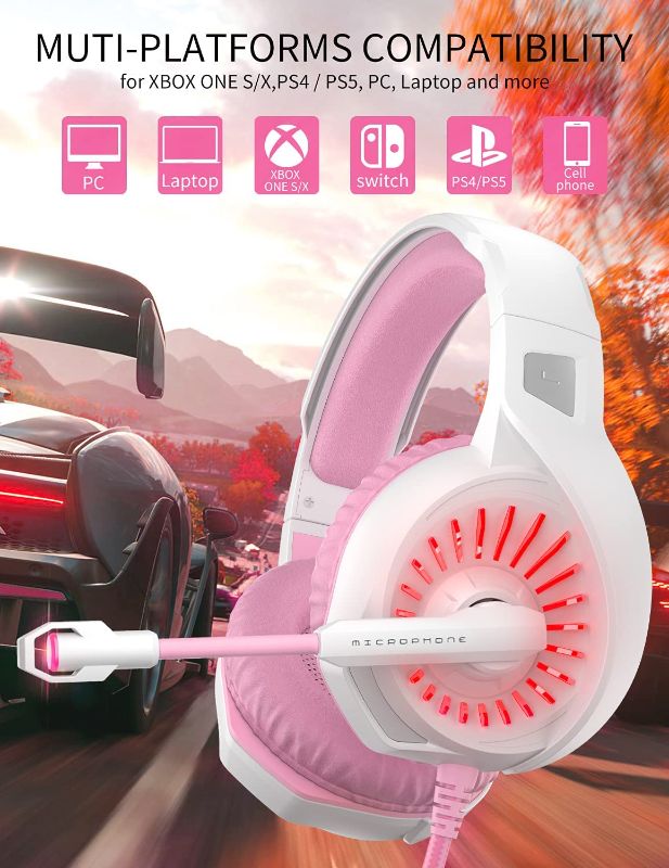 Photo 1 of ONFINIO Gaming Headset PC Headphone with Surround Sound Stereo, PS4 Headset with Noise Canceling Mic & LED Light,Compatible with PC PS4 PS5 Xbox One Laptop Mac Phone Tablet (PINK)
