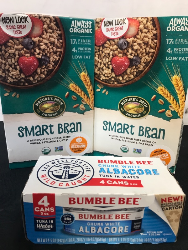 Photo 3 of (Pack of 4) Bumble Bee Chunk White Albacore Tuna in Water, 5 oz cans EXP 03/24/25
Nature's Path Organic Smart Bran Cereal, 10.6 Ounce, Non-GMO, 17g Fiber, 4g Protein EXP 07/26/22

