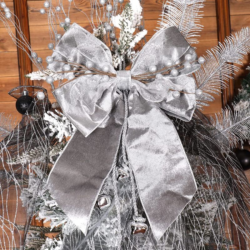 Photo 1 of Christmas Tree Topper with Jingle Bells, Ribbon Bow Topper for Tree ,Xmas Ornaments for Holiday Decor, Great Gift Christmas Decoration,12x14 Inches, Gray

