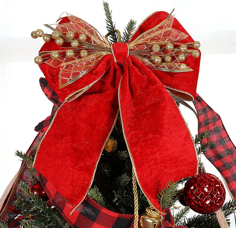 Photo 1 of Christmas Tree Topper with Jingle Bells, Ribbon Bow Topper for Tree ,Xmas Ornaments for Holiday Decor, Great Gift Christmas Decoration,12x14 Inches, Red 
